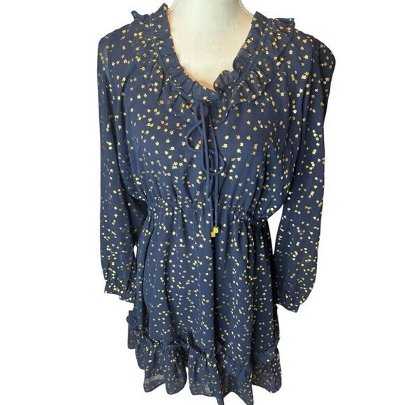 MICHAEL KORS Blue w Metallic Shimmer Floral Print Blousy Flirty Designer Sz XL - Picture 1 of 5